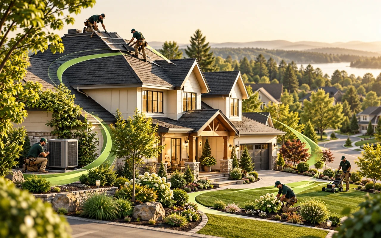 Creative illustration of roofing, HVAC, and landscaping teams working around a home
